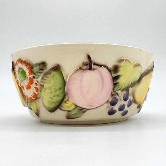 Vintage Cuernavaca Bowl Mexican Hand Painted Embossed Flowers And Fruits Ceramic - Picture 4 of 11